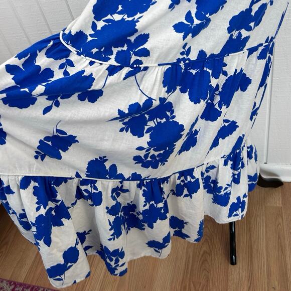 Cynthia Rowley Blue White Floral Linen Tiered Midi Dress Boho Cottagecore Size S - Picture 3 of 8